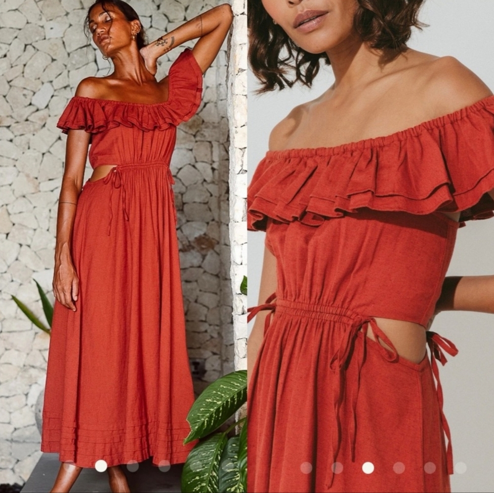 NEW CLEOBELLA Daria Midi Cut Out Sides Dress in deep brick Cotton/Linen